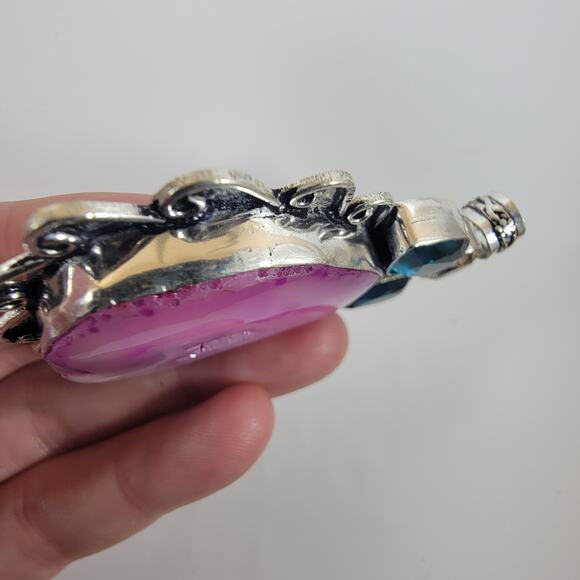 Handmade Silver Pendant with Pink Agate Druzy and Blue Topaz - Picture 7 of 10